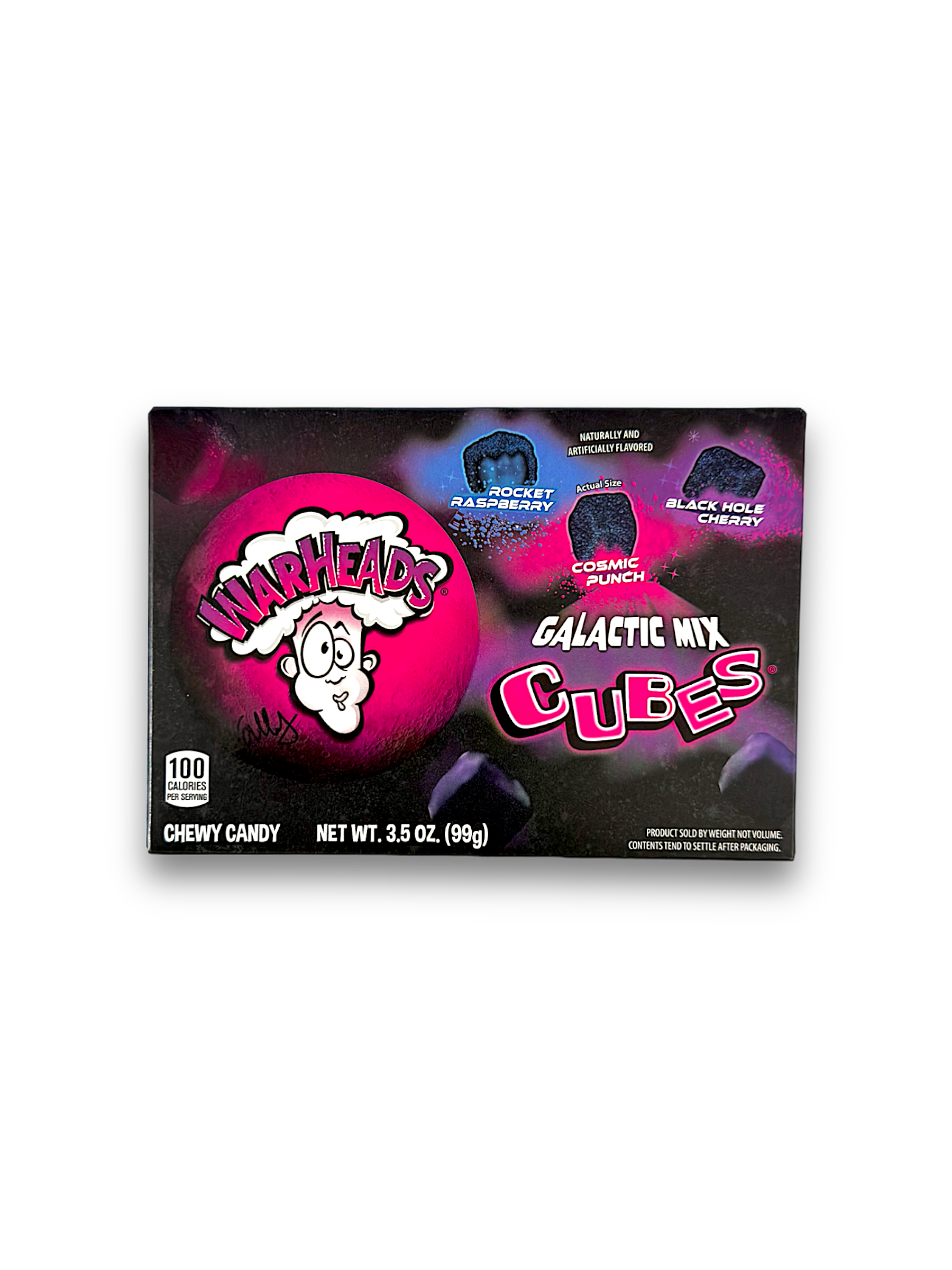 Vorderseite einer 99g Box Warheads Galactic Mix Cubes, bunte Verpackung mit dem Warheads Logo