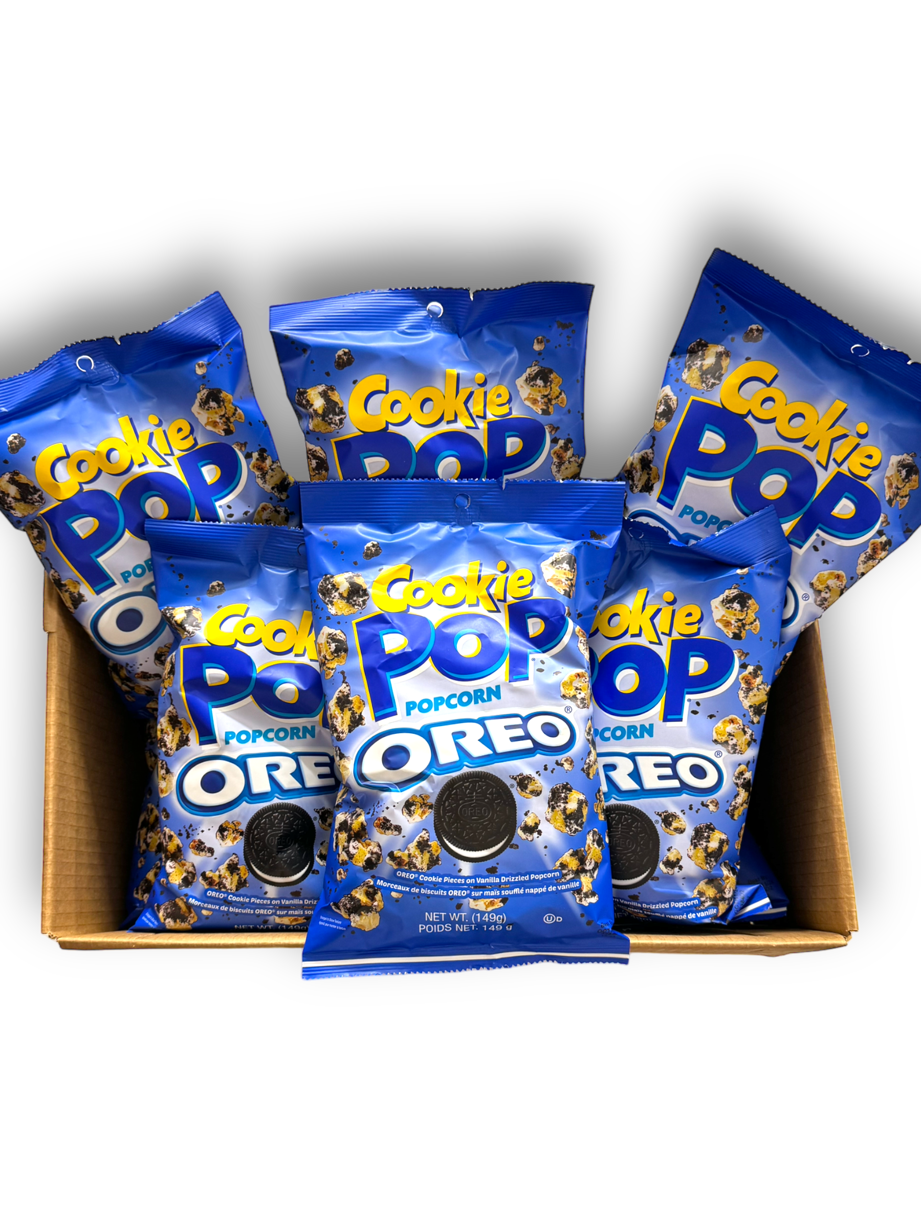 CandyPop Oreo Popcorn 149g Vorderseite blaue Verpackung mit blau-weißer Schrift 