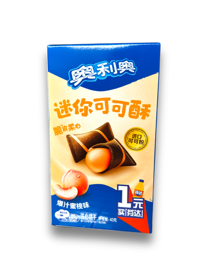 Oreo Mini Cocoa Crisp Peach 40g Vorderseite blaue Verpackung mit chinesischer Schrift, Produktbild