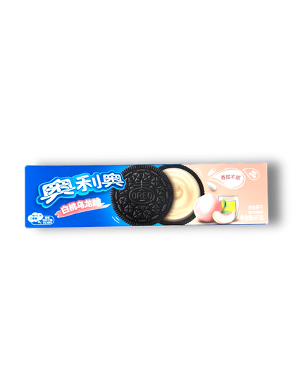 Oreo White Peach Oolong 97g Vorderseite blaue Verpackung mit chinesischer Schrift und Keks Bild