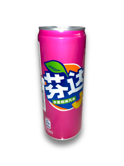 Fanta Peach Japan 330ml Pinke Dose Vorderseite mit chinesischem Schriftzug