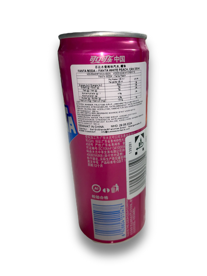 Fanta Peach Japan 330ml Pinke Dose Rückseite mit Prodokutbeschreibung