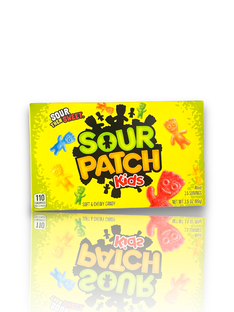 Sour Patch Kids 99g Vorderseite gelbe Verpackung mit bunter Schrift auf weißem Hintergrund 