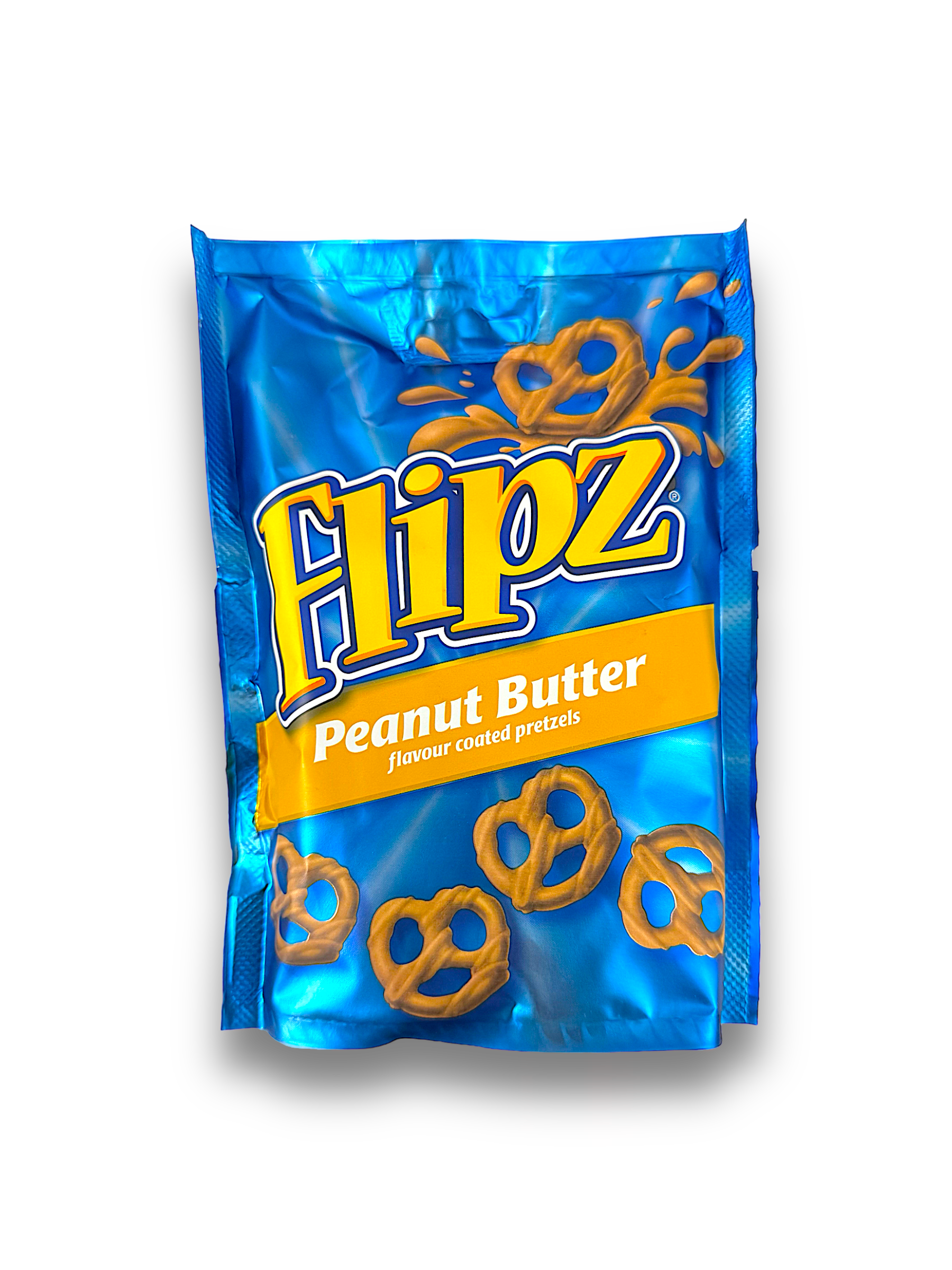 Flipz Peanut Butter 90g Vorderseite blaue Verpackung mit gelber Schrift und Schokobrezeln 