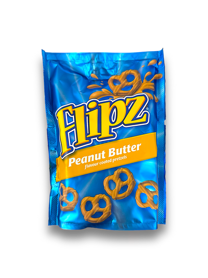 Flipz Peanut Butter 90g Vorderseite blaue Verpackung mit gelber Schrift und Schokobrezeln 