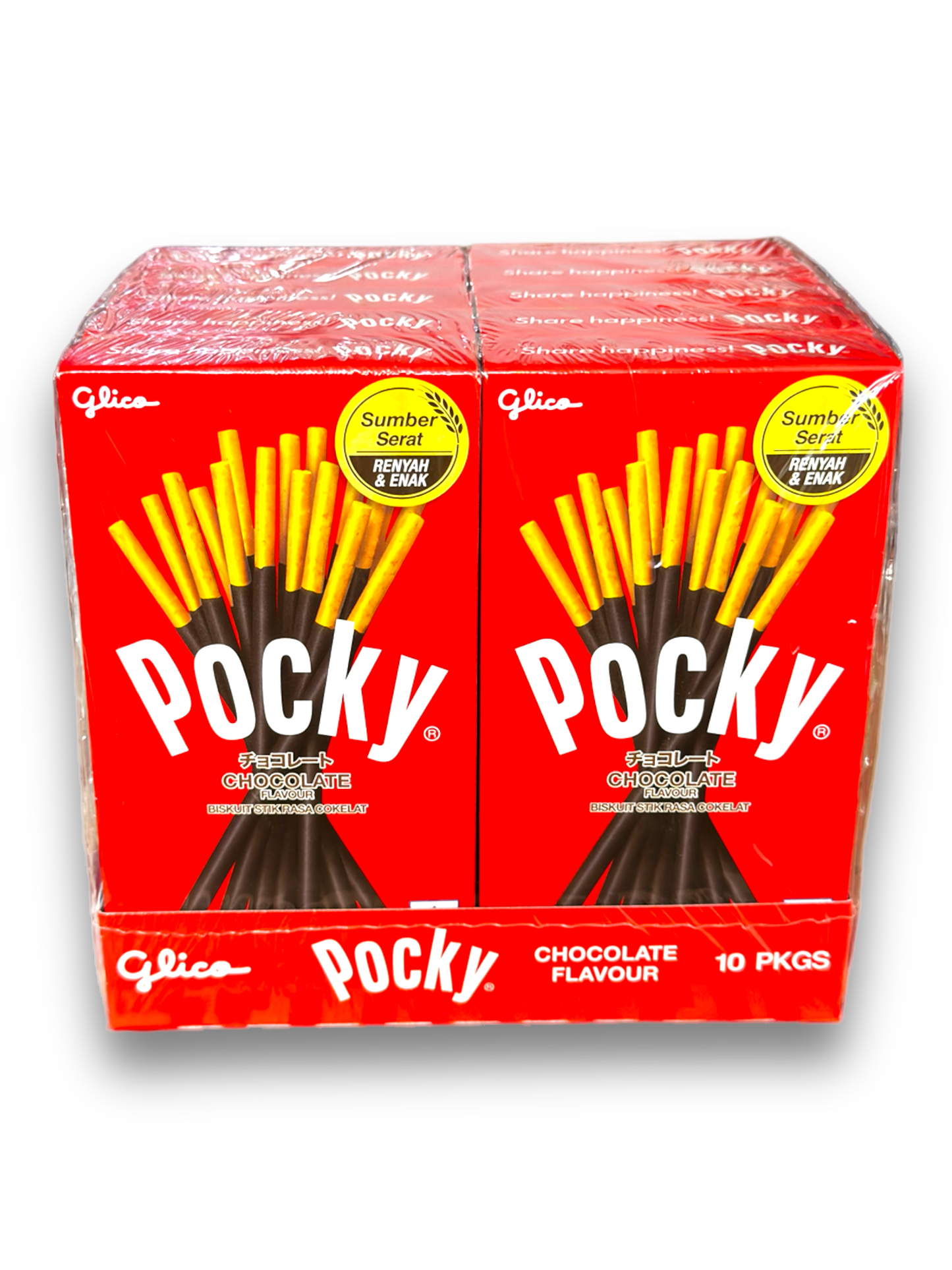 Pocky Chocolate 47g Vorderseite rote Verpackung mit weißer Schrift und Schokostäbchen Abbildung