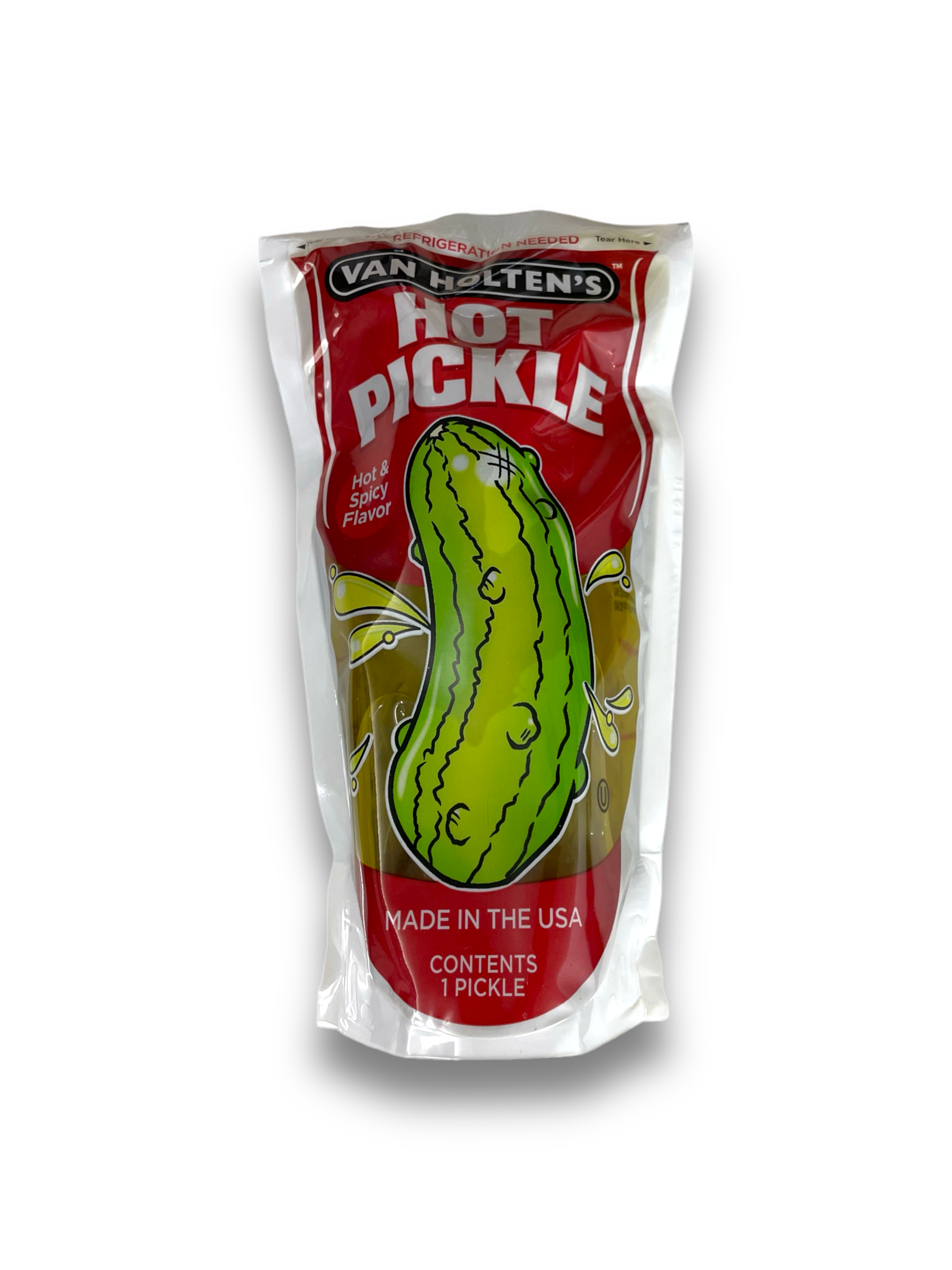 Van Holten's Hot Pickle 140g Vorderseite mit Gurke auf weißem Hintergrund