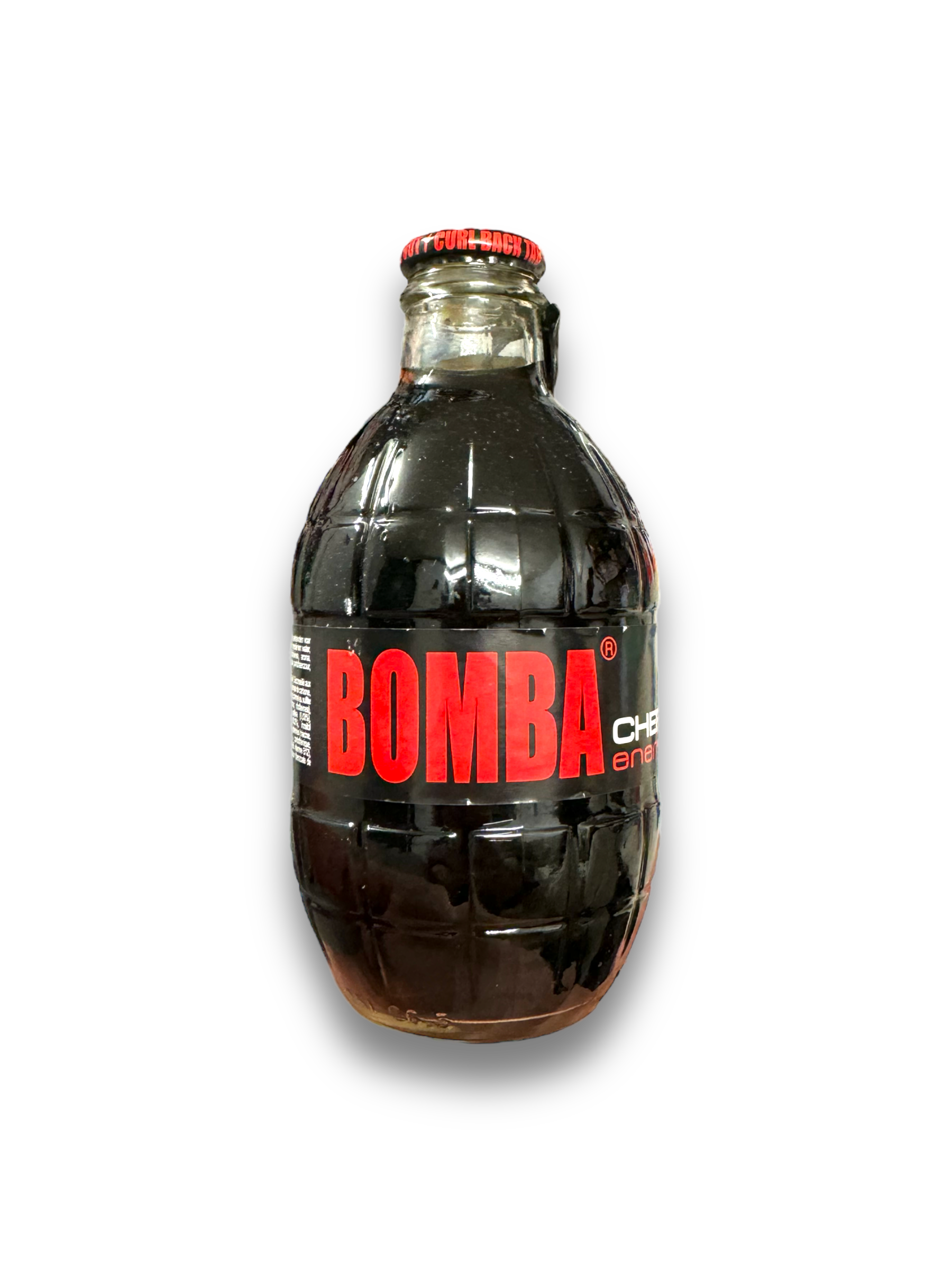 Bomba Cherry Energy 250ml von Vorne dargestellt, auf weißem Hintergrund Schwarze Flasche