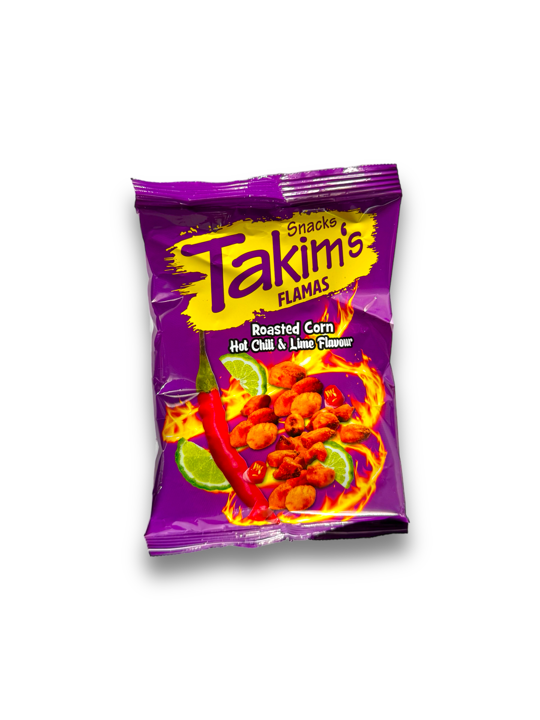 Chips − Takim's Roasted Corn Hot Chili & Lime 100g lila Verpackung Vorderseite mit gelber Schrift