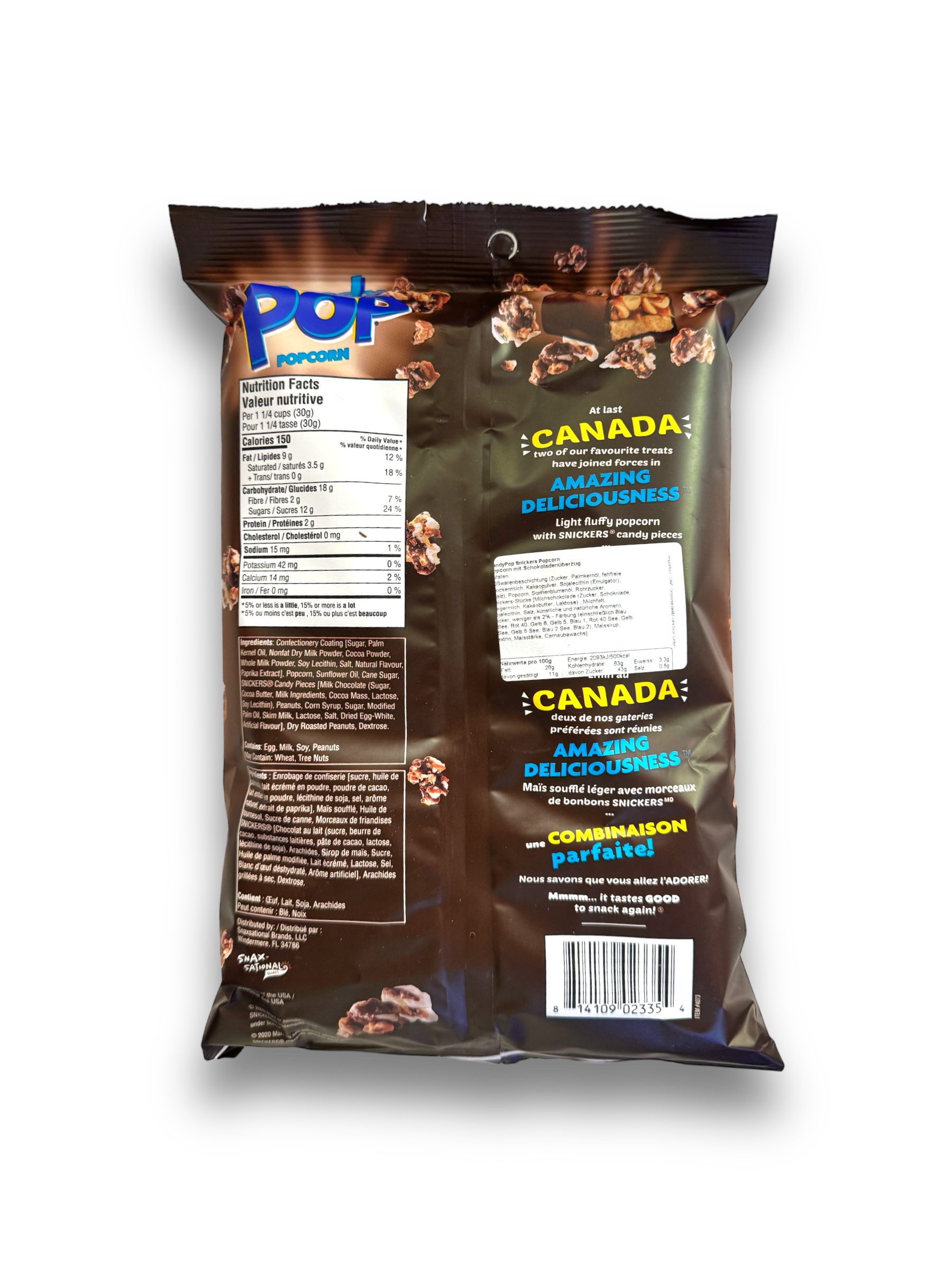 CandyPop Snickers Popcorn 149g Rückseite schwarze Verpackung mit Produktbeschreibung.