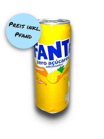 Fanta Pineapple Zero 330ml gelbe Dose Vorderseite mit Fanta Schriftzug und Ananas Abbildung 