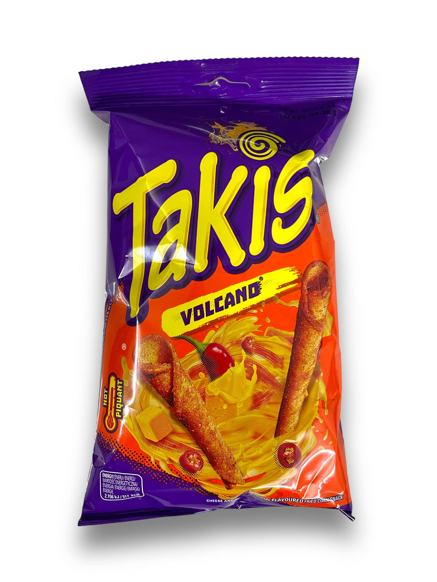 Takis Queso Vulcano 100g blaue Tüte mit gelber Schrift Tortilla Chips auf weißem Hintergrund