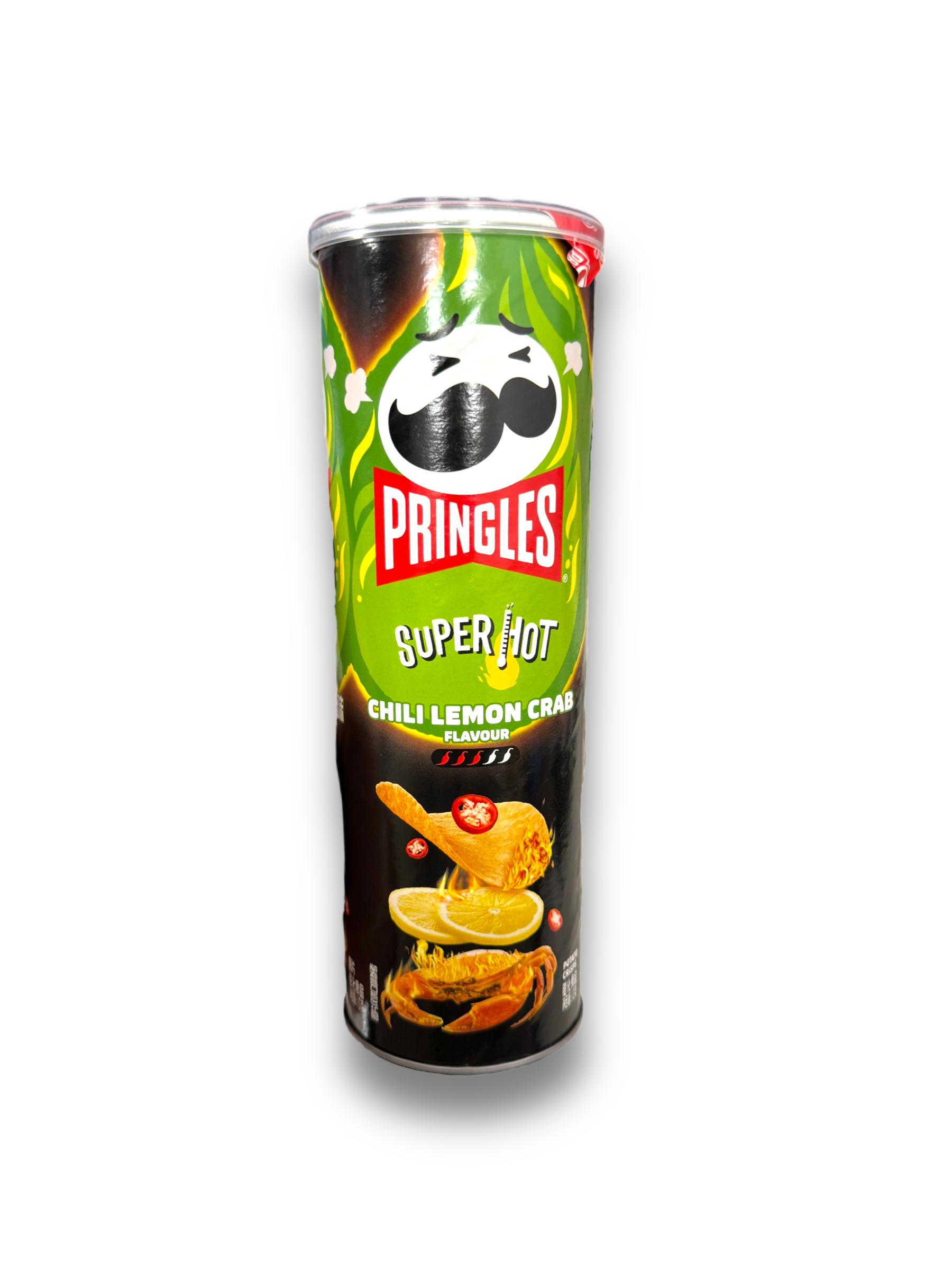 Pringles Lemon King Crab 110g Vorderseite grün-schwarze Verpackung auf weißem Hintergrund 