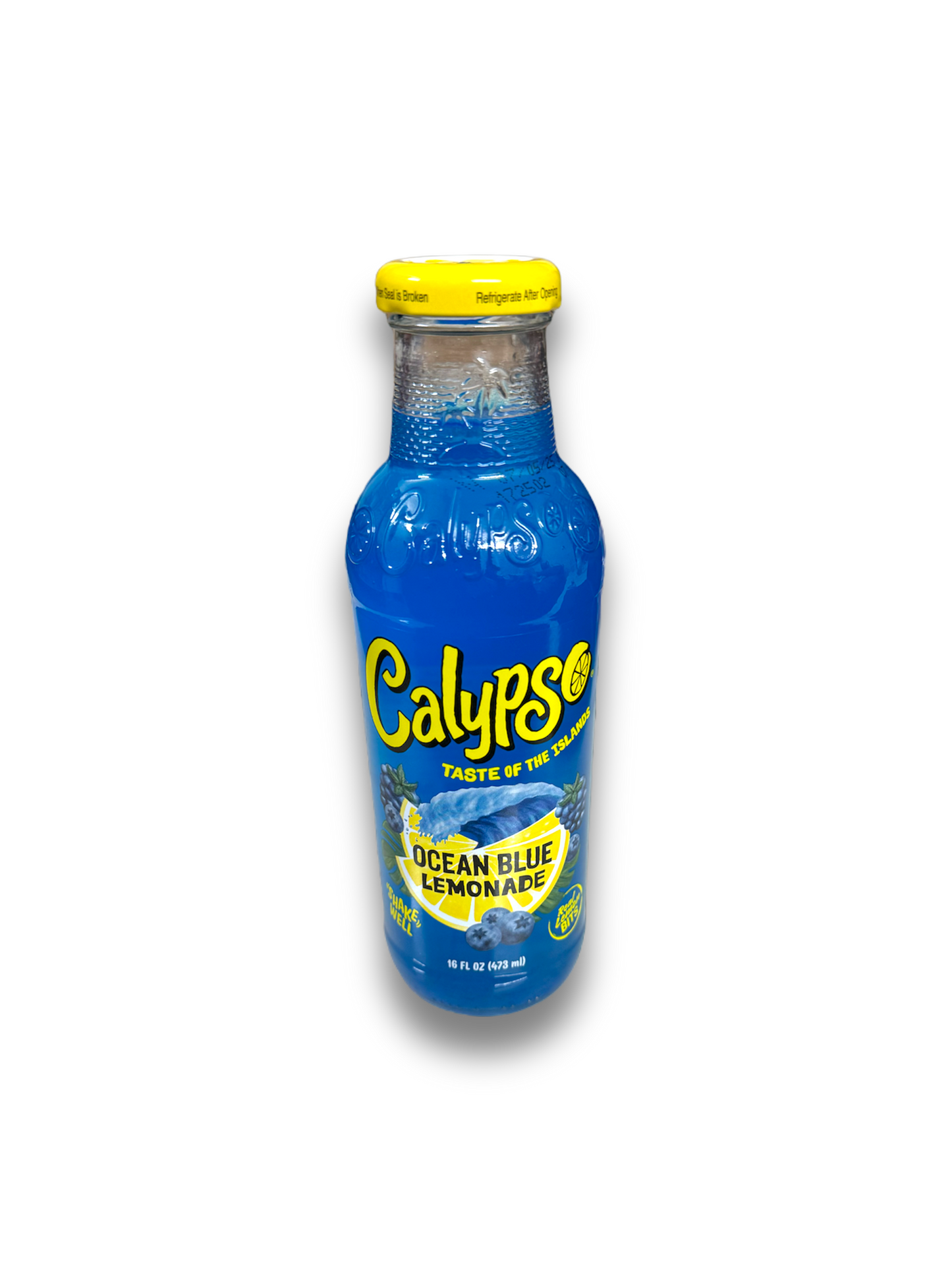 Calypso Ocean Blue 473ml mittig von Vorne dargestellt, auf Weißem Hintergrund Blaue Flasche aus Glas