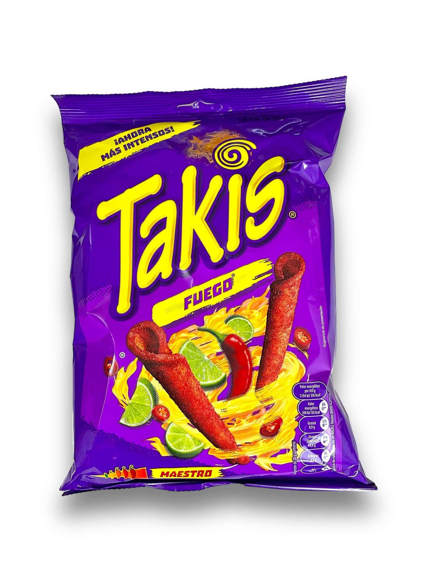 Takis Fuego 140g Vorderseite blaue Tüte mit gelber Schrift auf weißem Hintergrund 