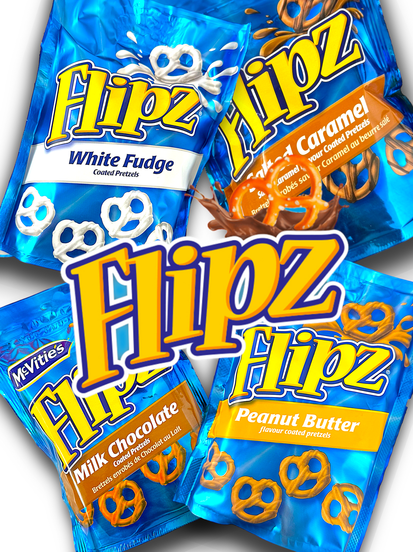 Flipz White Fudge, Flipz Salted Caramel, Flipz Milk Chocolate, Flipz Peanut Butter Vorderseite 