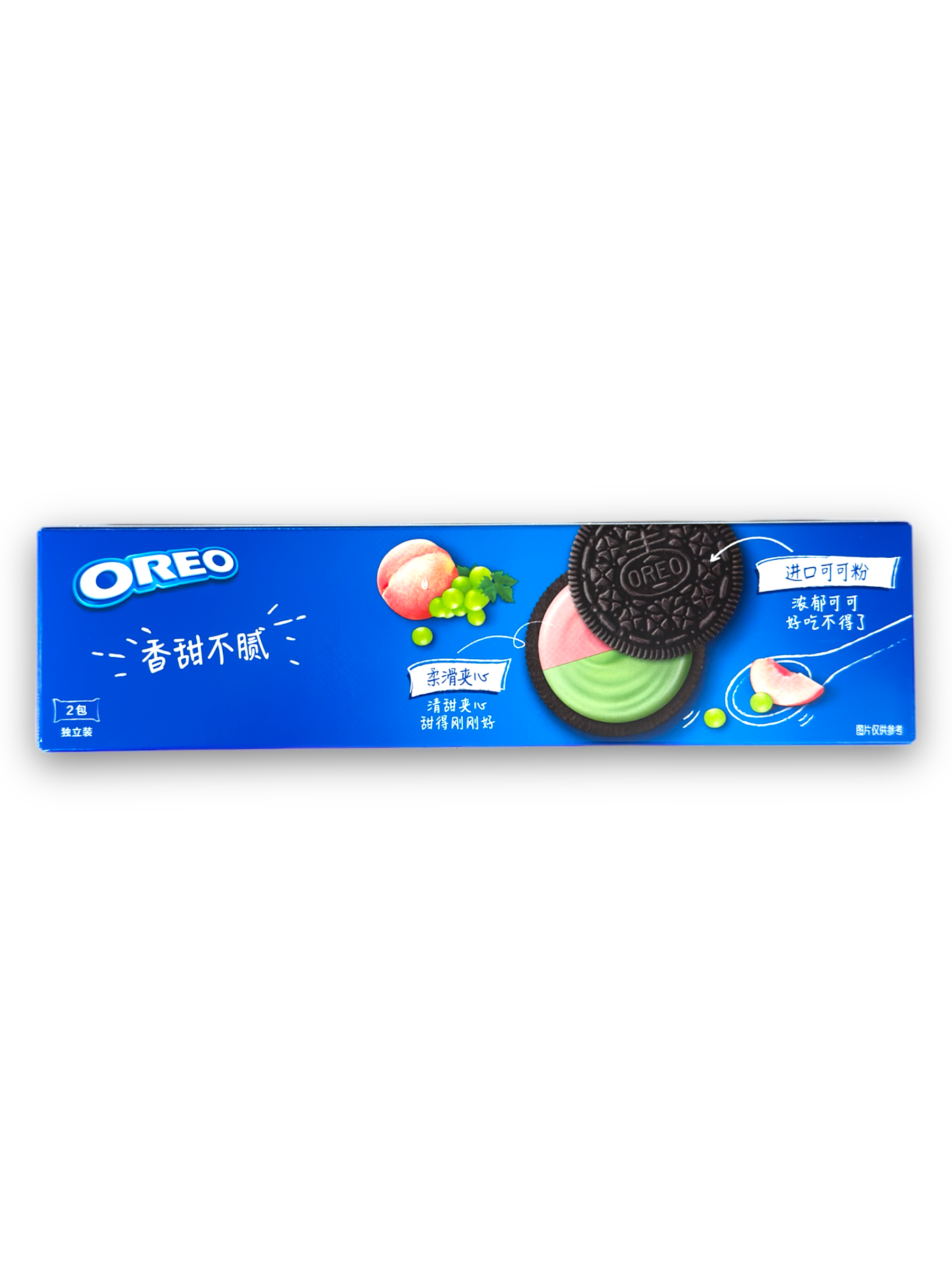 Oreo Double Fruit Crystal Grape & Peach 97g Vorderseite blaue Verpackung mit Oreo Cookies Abbildung 