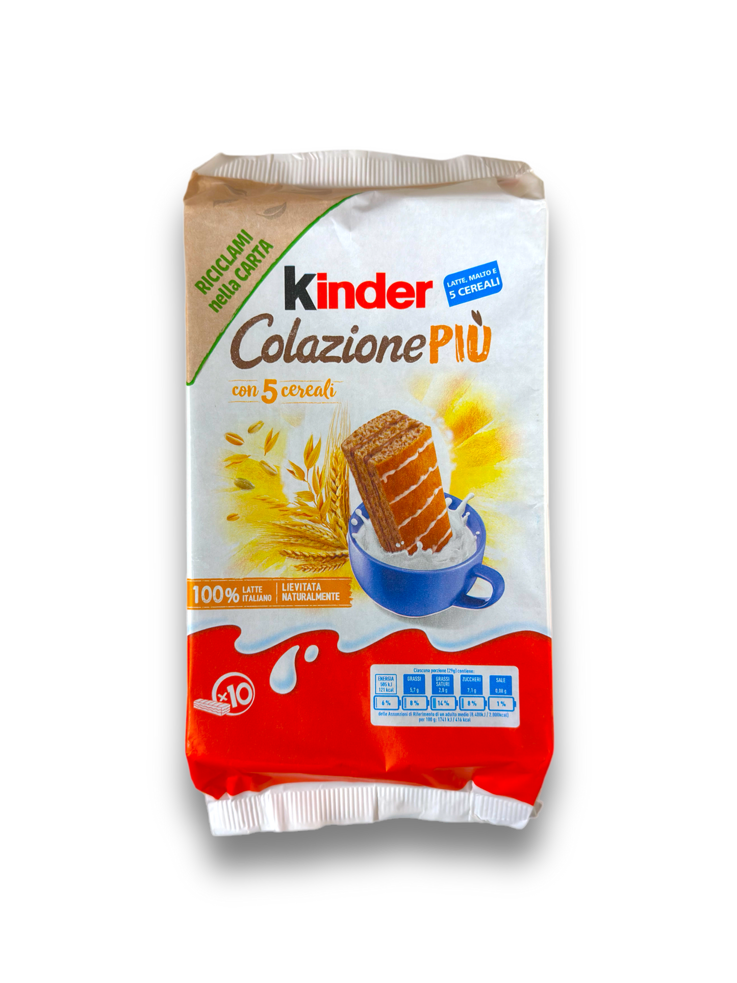 Kinder Colazio Pù 290g Vorderseite weiß-rote Verpackung mit bunter Schrift und Produktabbildung