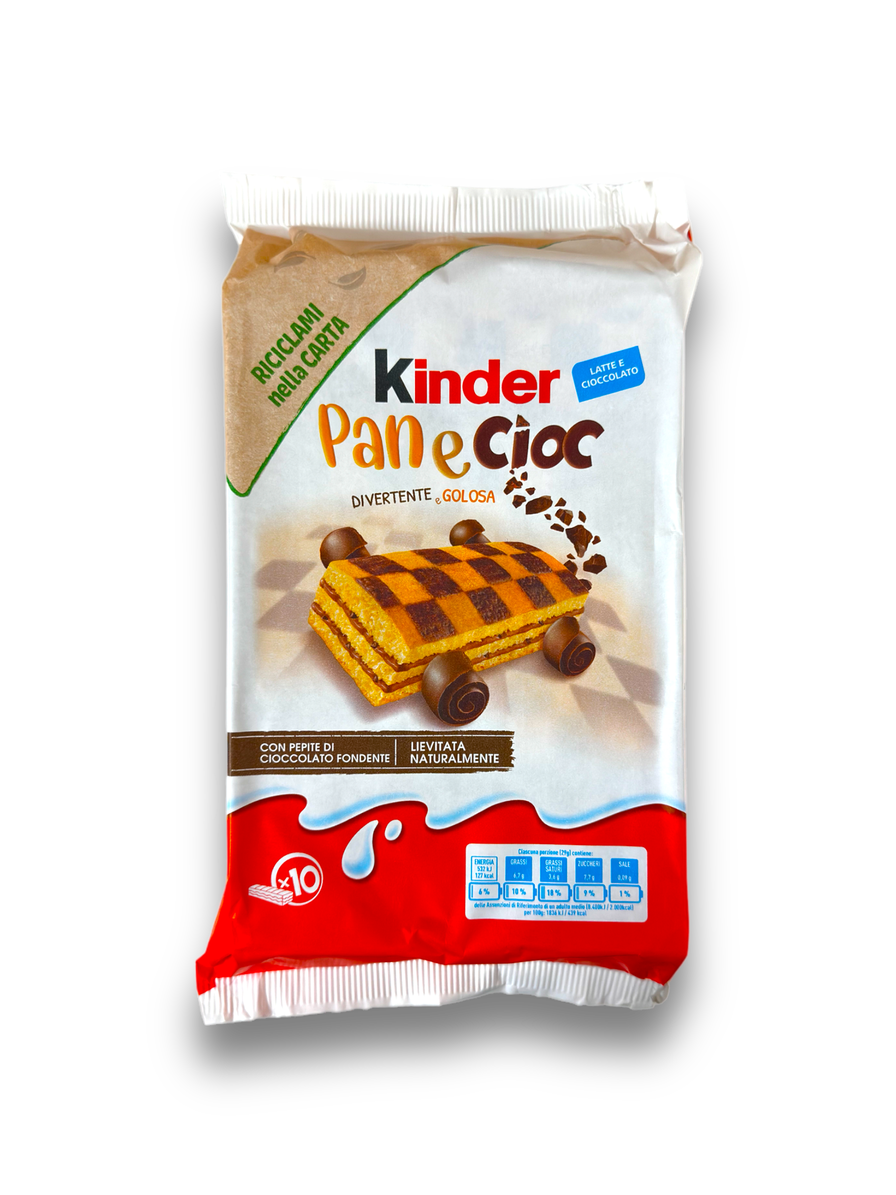 Kinder Pan e Cioc 290g Vorderseite bunte Verpackung mit bunter Schrift und Abbildung Schokokuchen