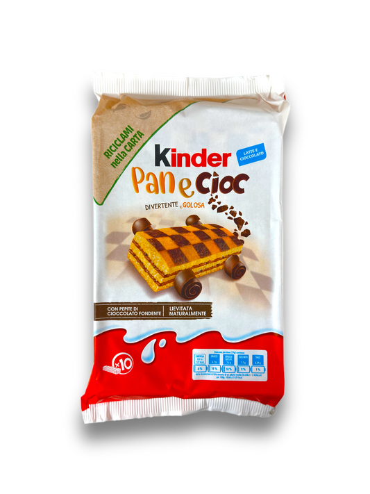 Kinder Pan e Cioc 290g Vorderseite bunte Verpackung mit bunter Schrift und Abbildung Schokokuchen