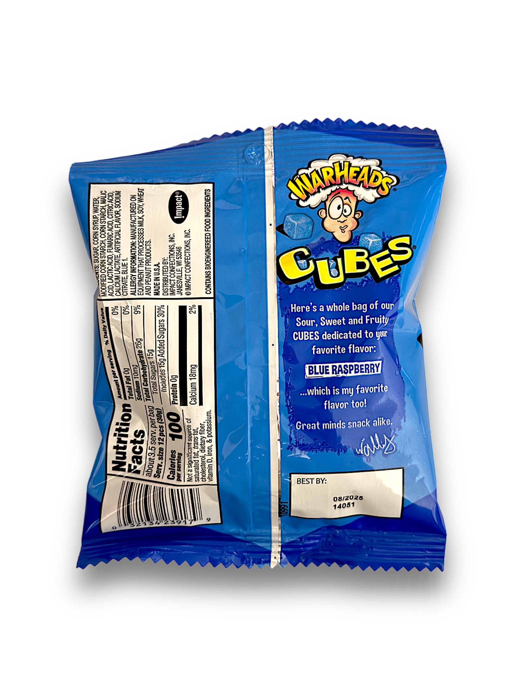 Rückseite einer 85g Box Warheads Blue Raspberry Cubes mit Nährwertangaben und Zutatenliste.