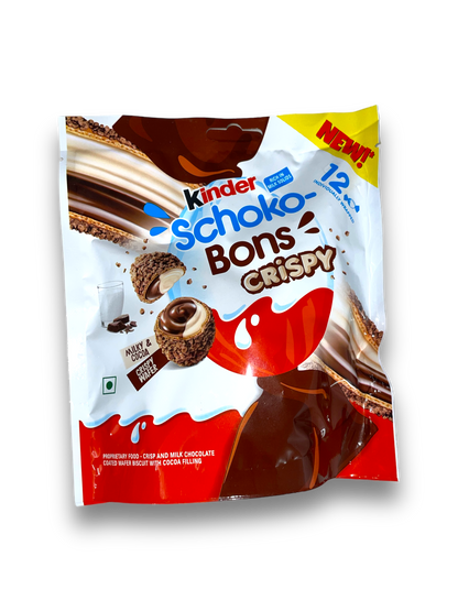 Kinder Schoko Bons Crispy 67,2g Vorderseite bunte Verpackung mit bunter Schrift und Bild Schokoei