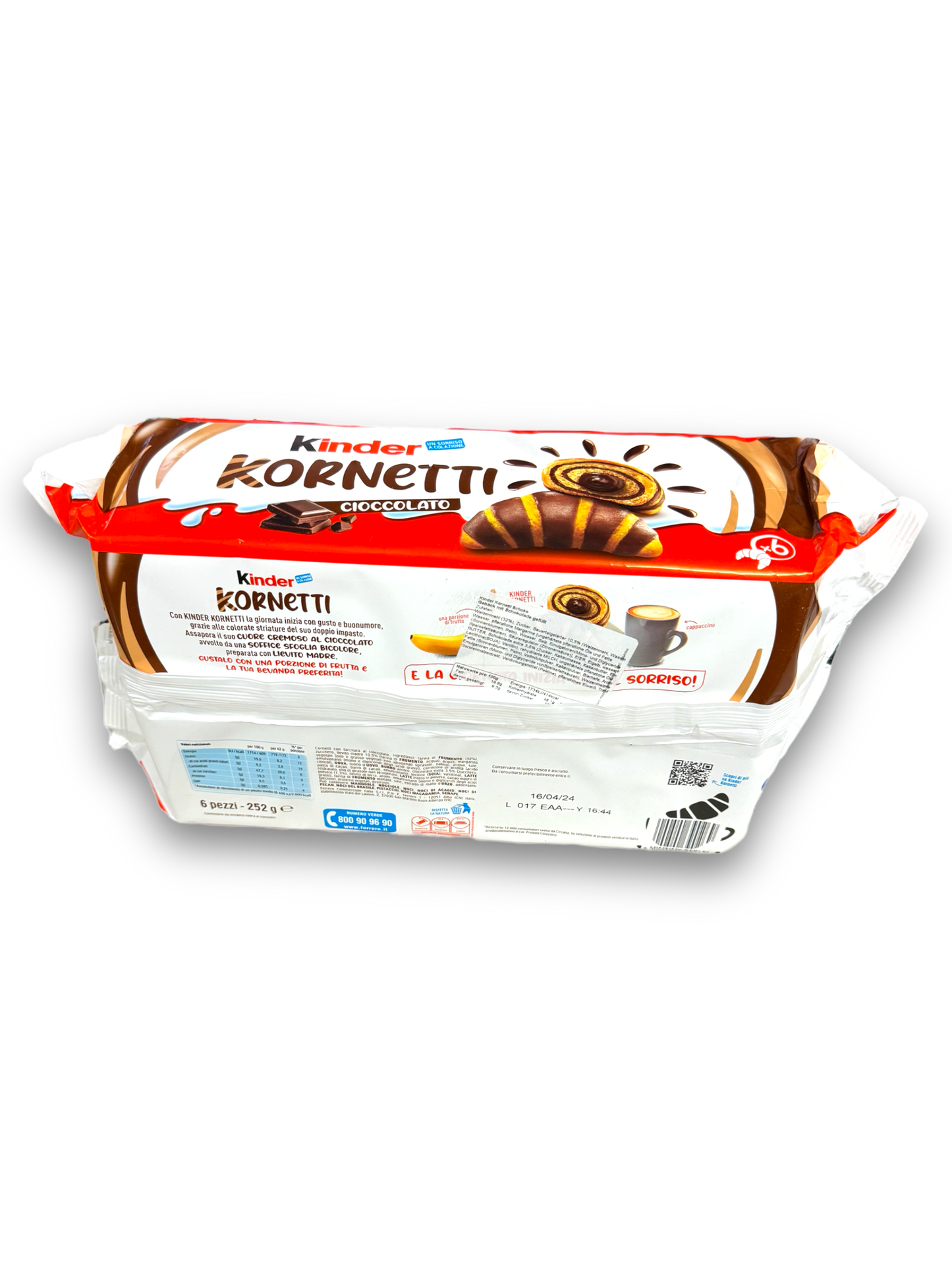 Kinder Kornetti Chocolato 252g Rückseite weiße Verpackung mit Bild Hörnchen und Produktbeschreibung