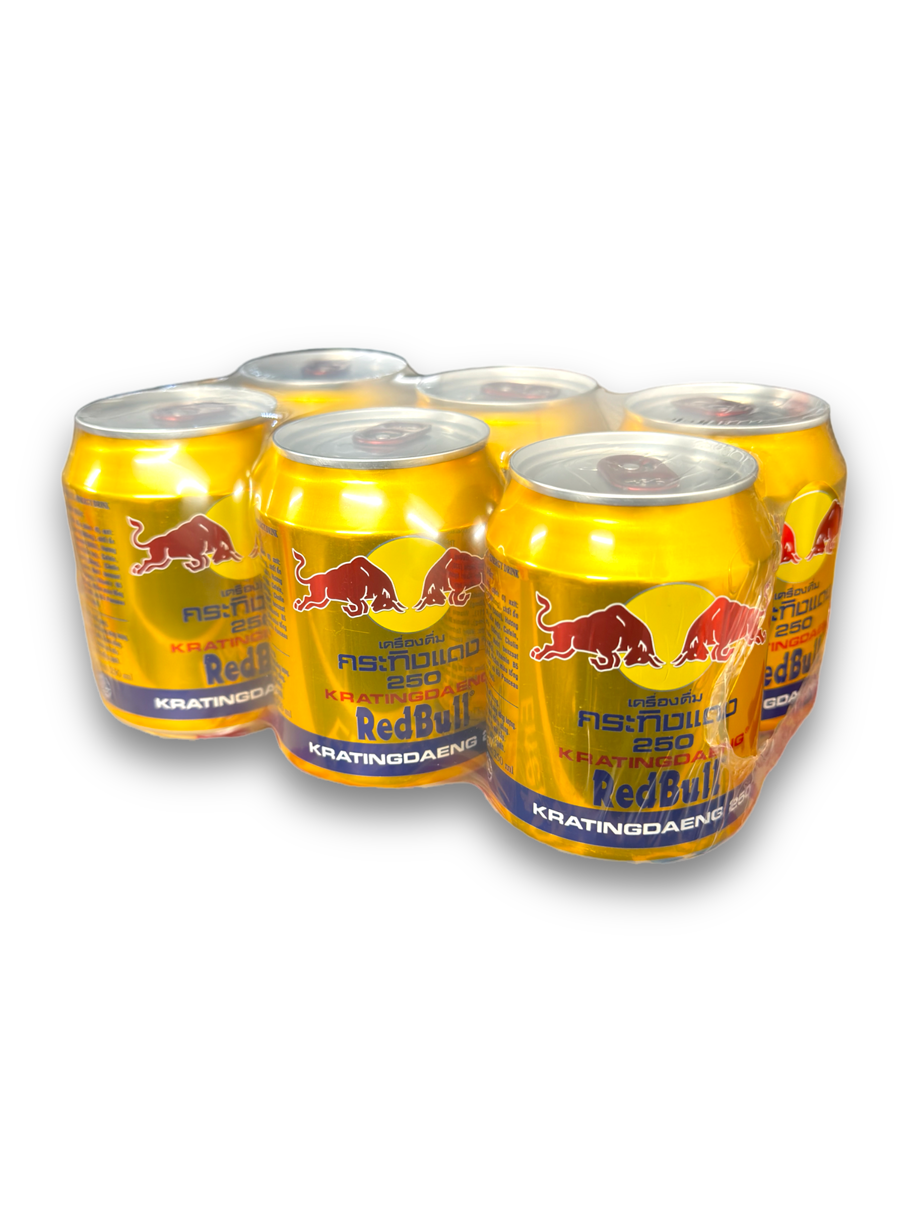 Red Bull Vietnam 250ml goldene Dose Seitenansicht mit blauer Schrift und Stierabbildung 