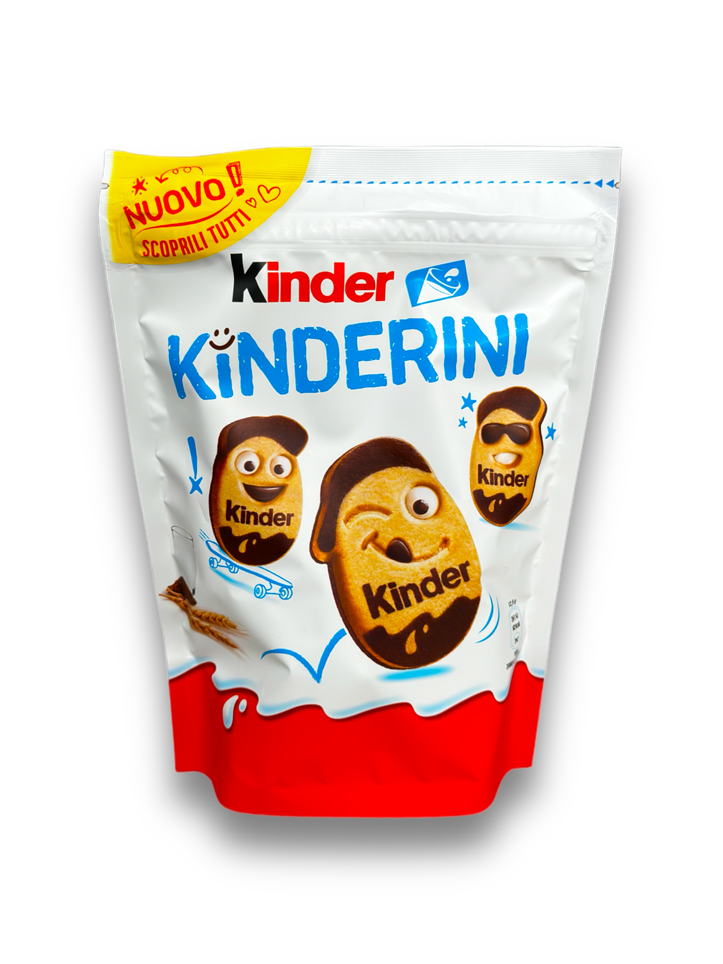 Kinder Kinderini 250g Vorderseite weiß-rote Verpackung mit bunter Schrift und Bild Kekse eiförmig