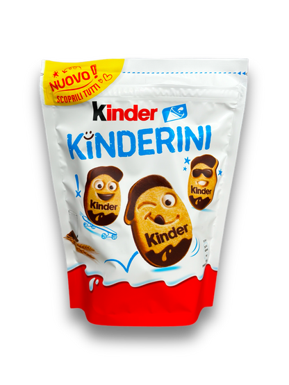 Kinder Kinderini 250g Vorderseite weiß-rote Verpackung mit bunter Schrift und Bild Kekse eiförmig