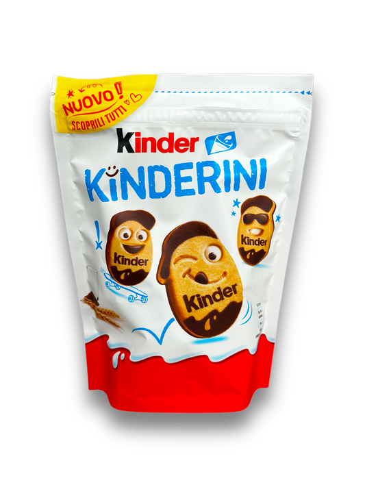 Kinder Kinderini 250g Vorderseite weiß-rote Verpackung mit bunter Schrift und Bild Kekse eiförmig