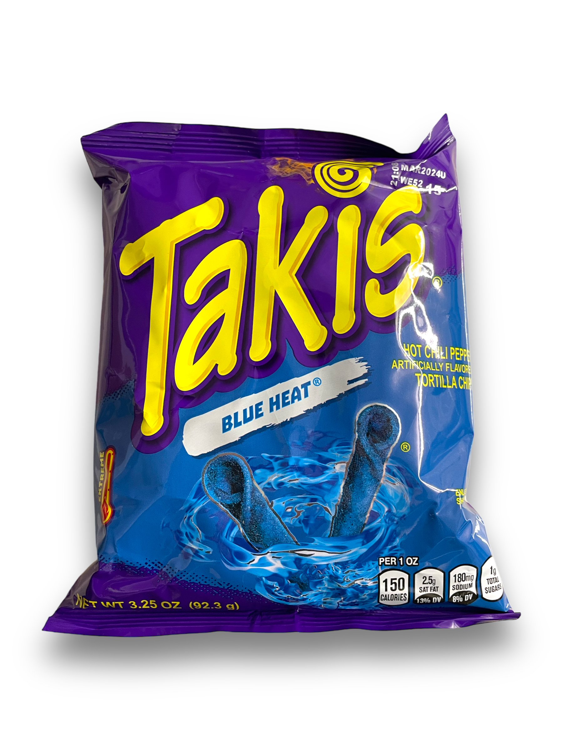 Takis Blue Heat 92,3g Vorderseite blaue Tüte mit gelber Schrift auf weißem Hintergrund 