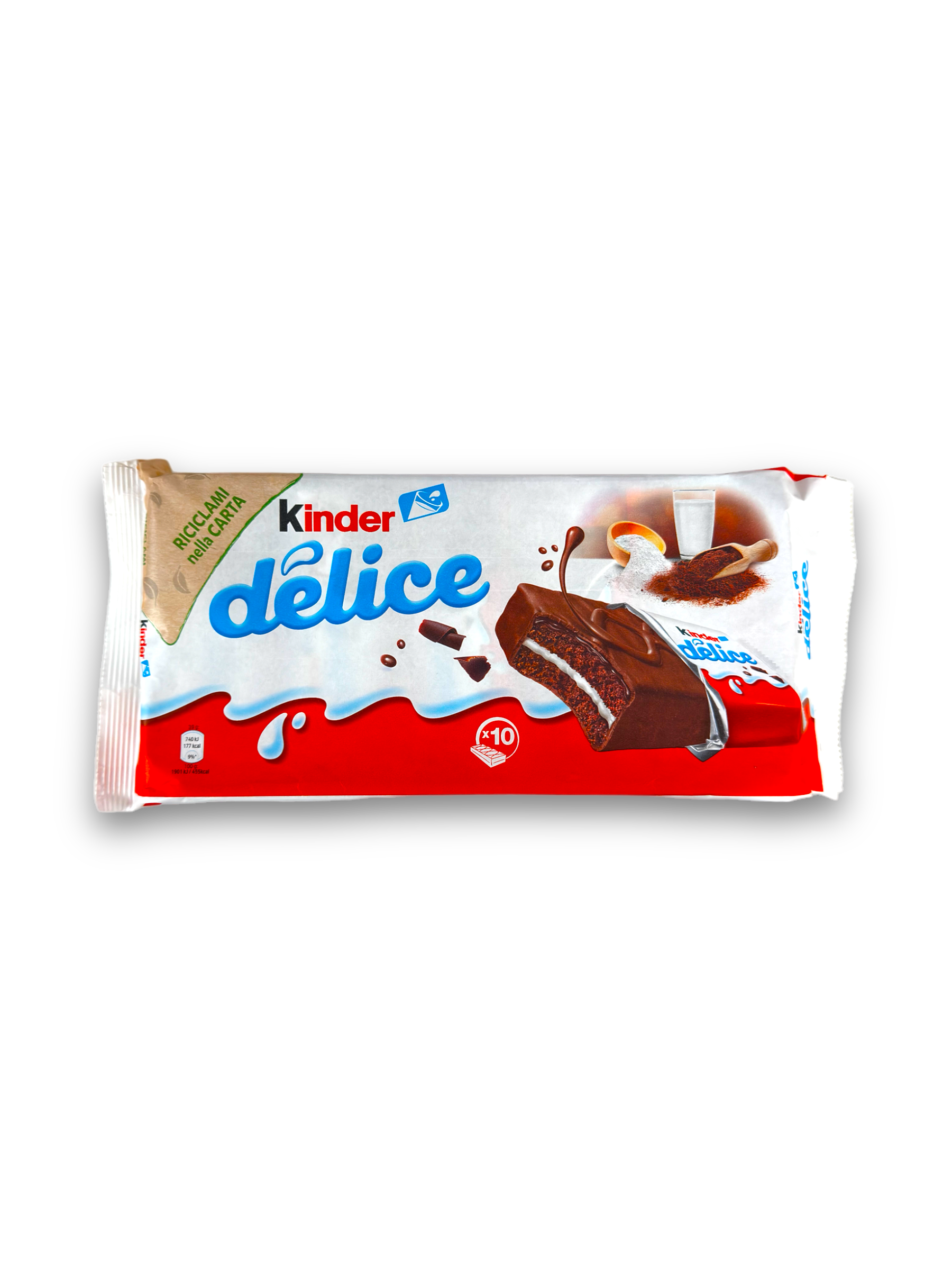 Kinder Delice 390g Vorderseite bunte Verpackung mit bunter Schrift und Produktabbildung 