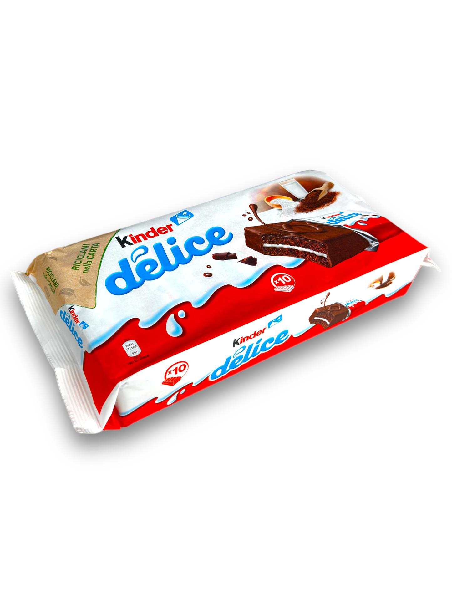 Kinder Delice 390g Vorderseite von links bunte Verpackung mit bunter Schrift und Produktabbildung 