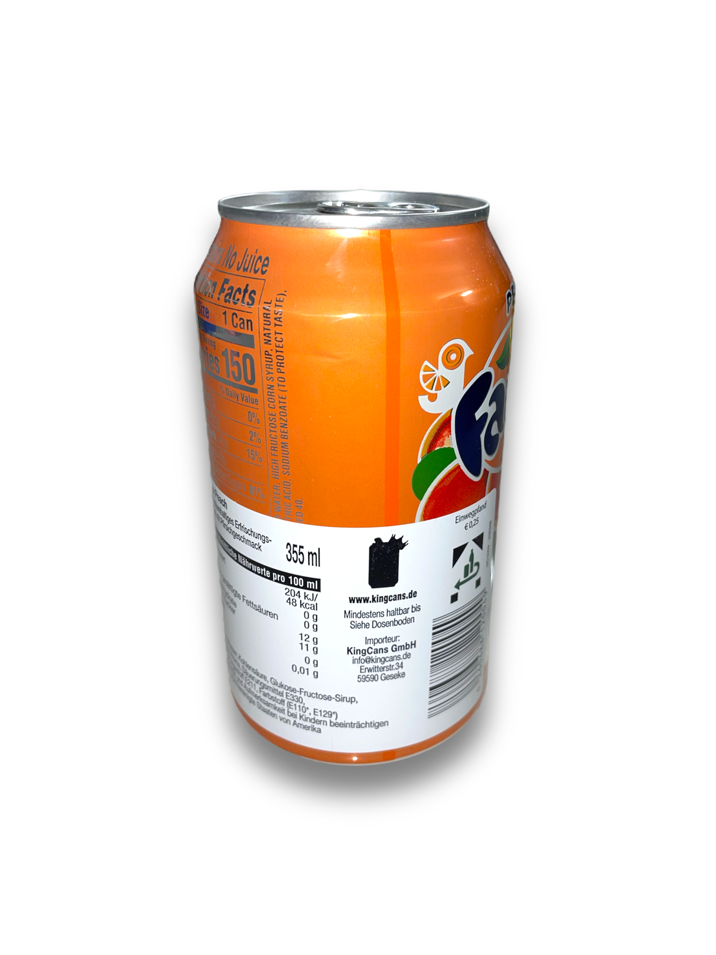 Fanta Peach USA 355ml Rückseite orangene Dose mit Fanta Beschriftung und Produktbeschreibung