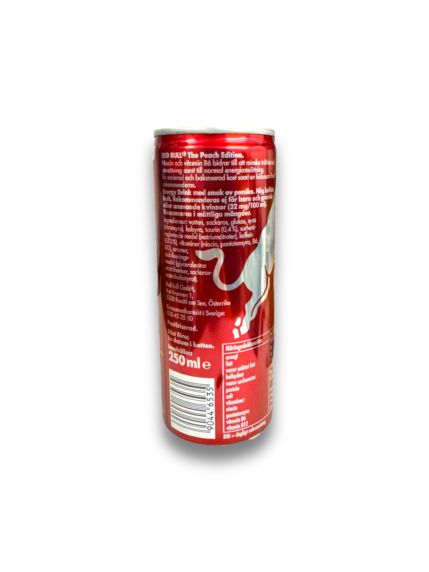 Red Bull Peach 250ml rote Dose Rückseite mit Stierabbildung und Produktbeschreibung