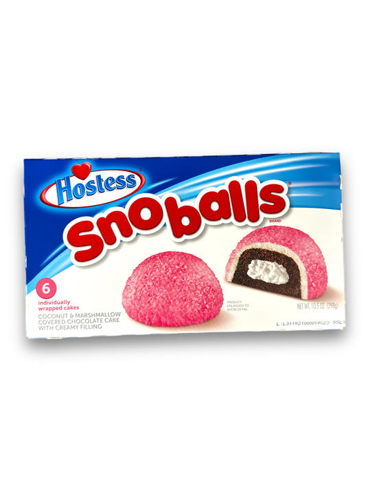 Hostess Snoballs 284g Vorderseite weiße Verpackung mit roter Schrift und Produktabbildung