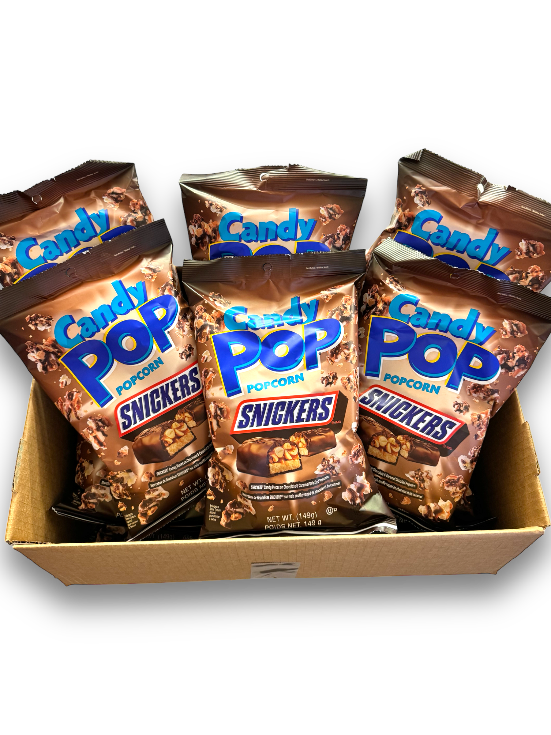 CandyPop Snickers Popcorn 149g Vorderseite schwarze Verpackung mit weiß-roter Schrift