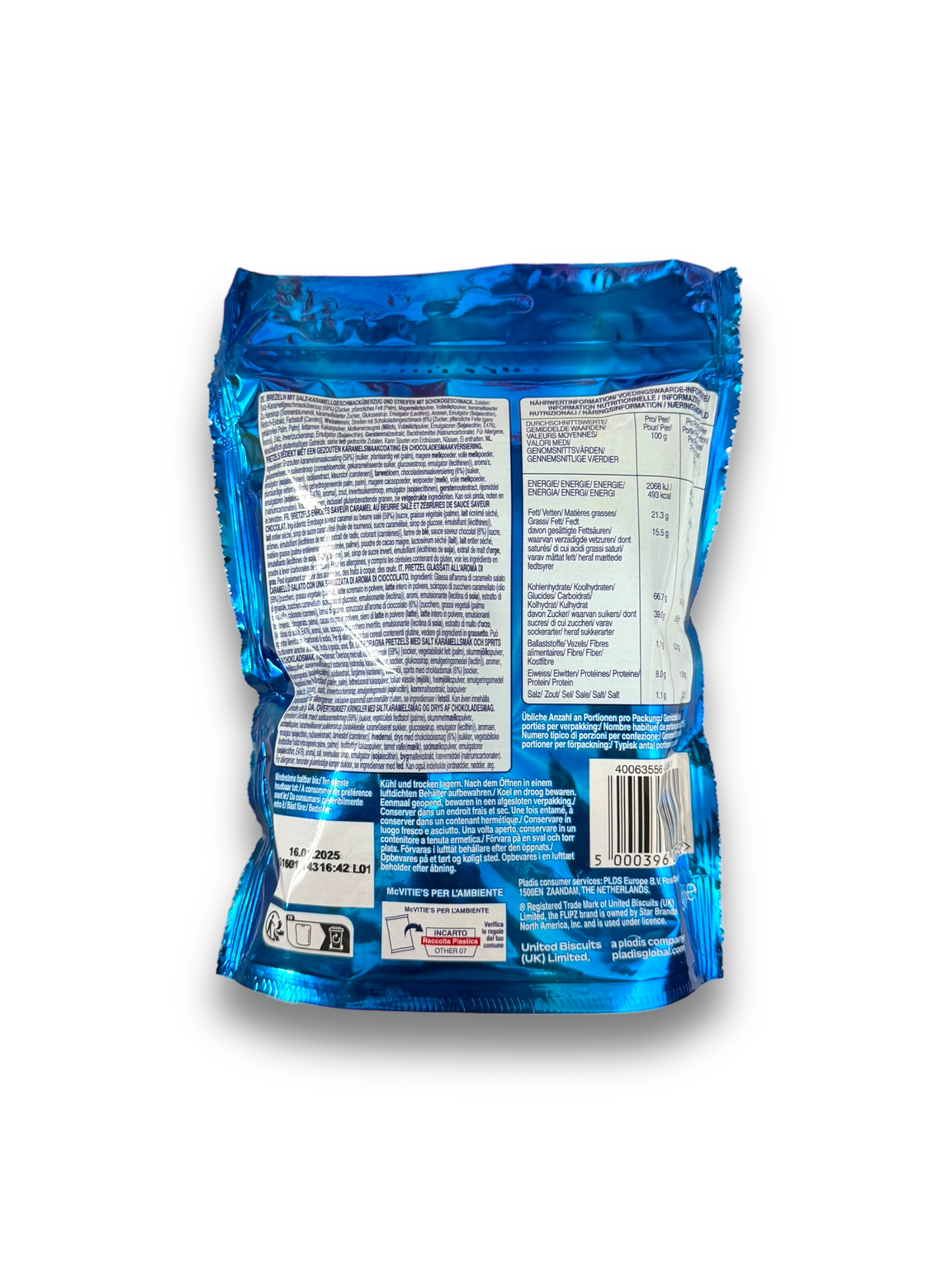 Flipz Salted Caramel 90g Rückseite blaue Verpackung mit Produktbeschreibung