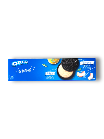 Oreo White Peach Oolong 97g Rückseite blaue Verpackung mit chinesischer Schrift und Keks Bild