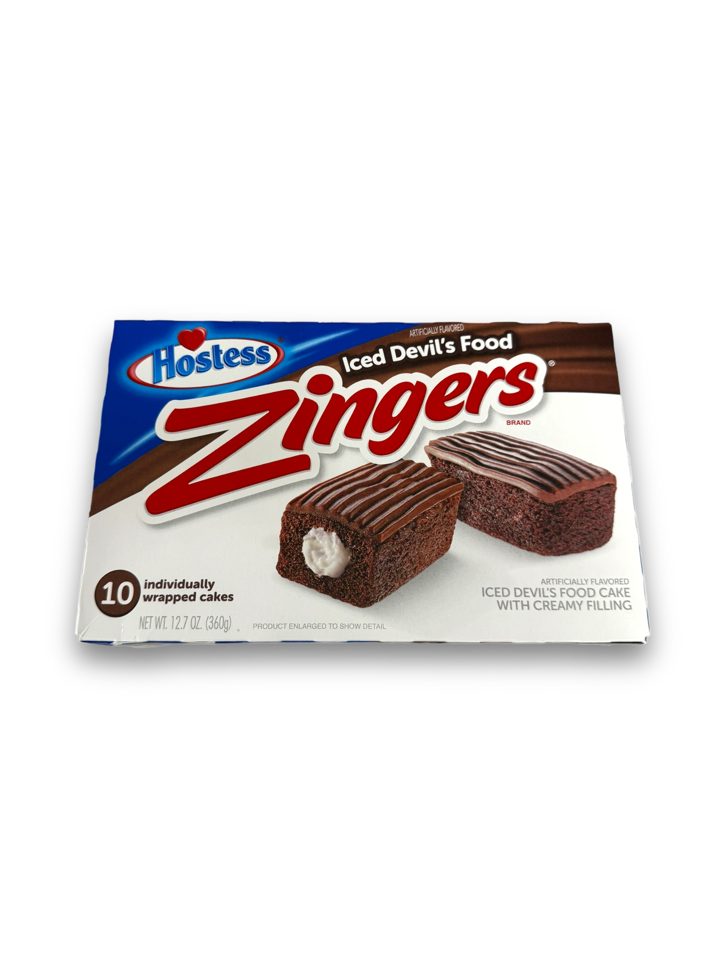 Hostess Devil's Food Chocolate Zingers 360g Vorderseite weiße Verpackung mit roter Schrift und Bild