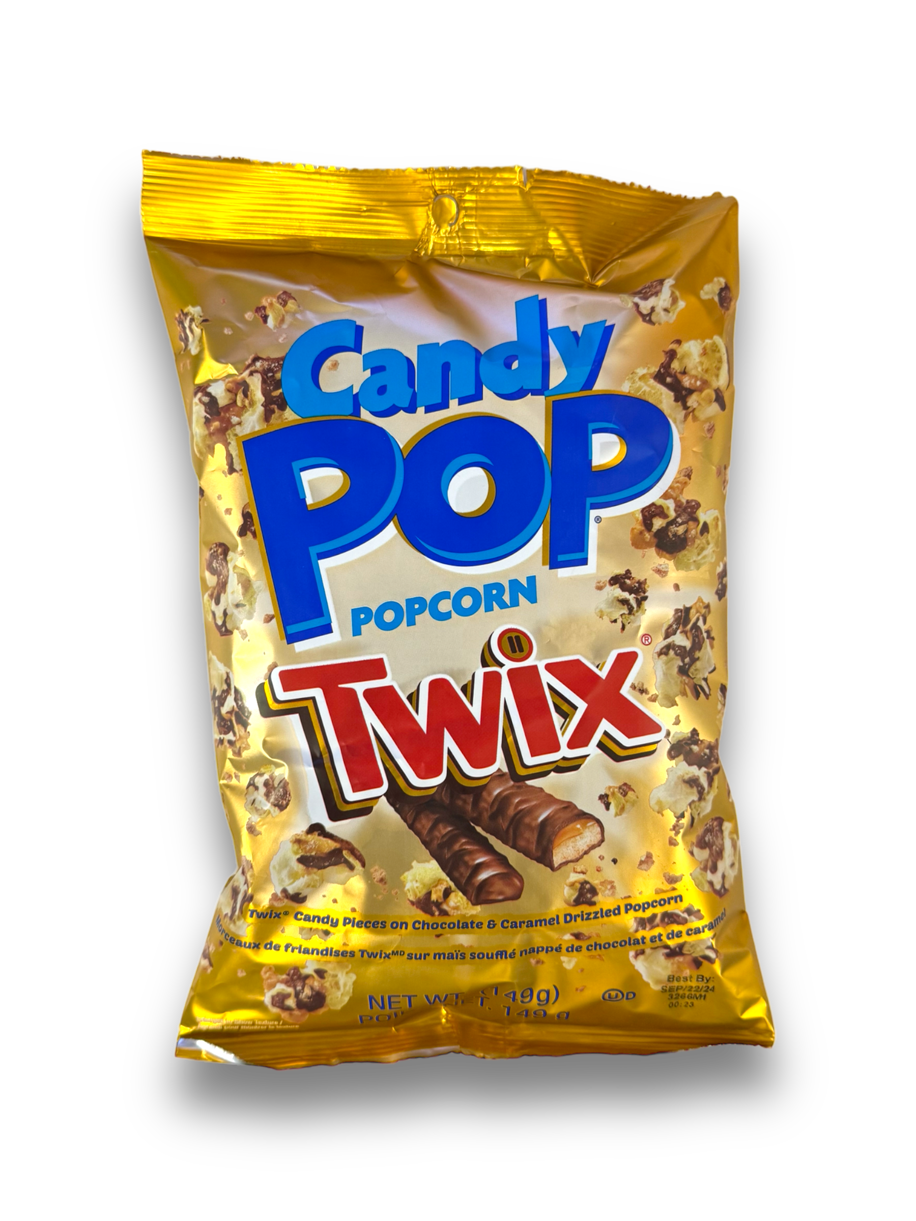 CandyPop Popcorn Twix 149g Verpackung Vorderseite Gold mit blau-roter Schrift, Abbildung Produkt