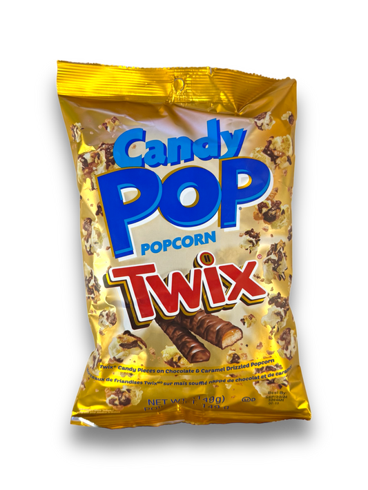 CandyPop Popcorn Twix 149g Verpackung Vorderseite Gold mit blau-roter Schrift, Abbildung Produkt