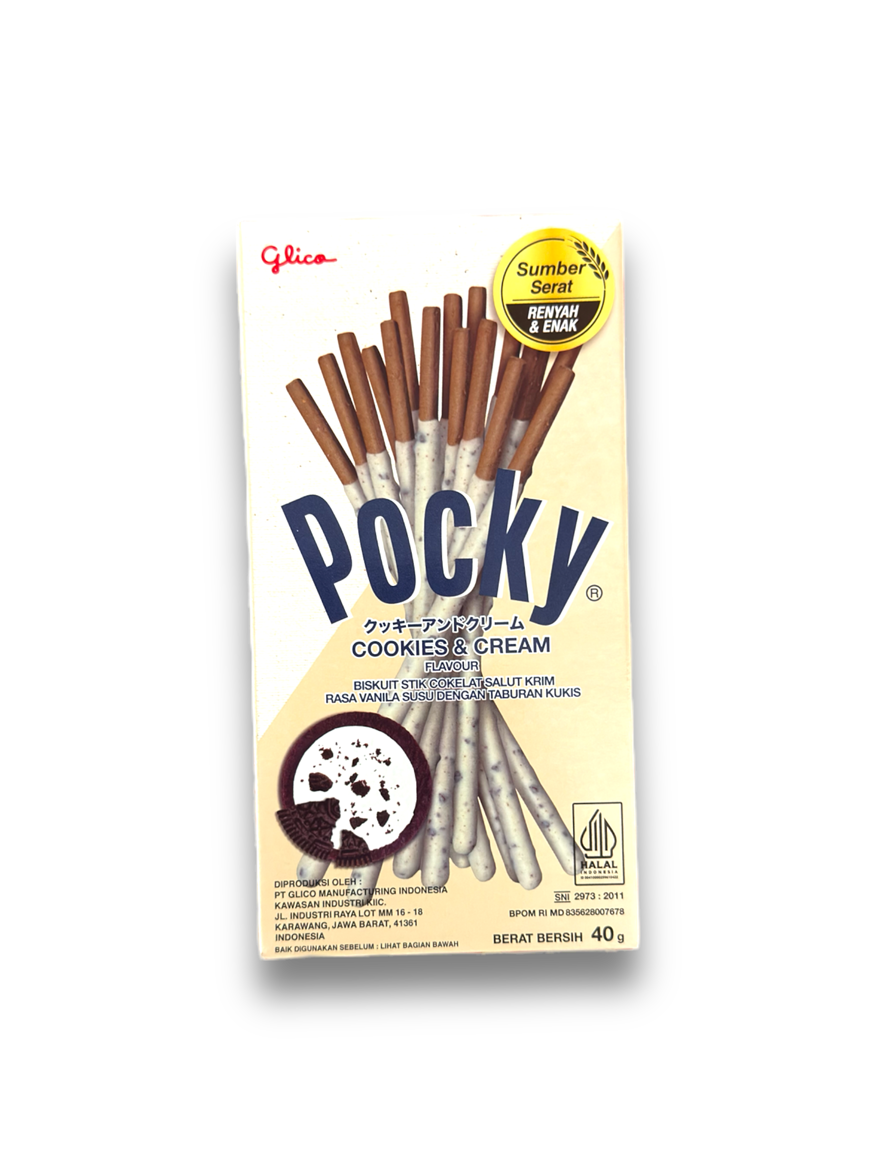 Pocky Cookies Cream 40g Vorderseite weiße Verpackung  mit blauer Schrift und Schokostäbchen Bild