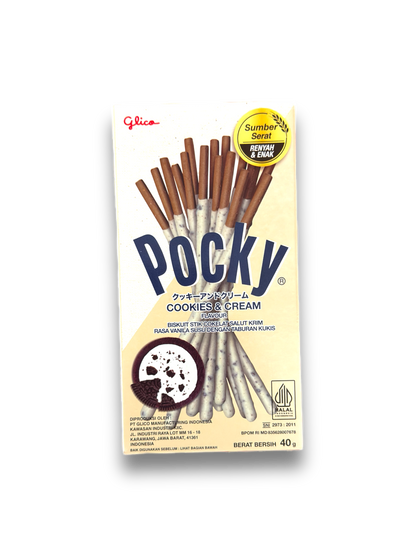 Pocky Cookies Cream 40g Vorderseite weiße Verpackung  mit blauer Schrift und Schokostäbchen Bild