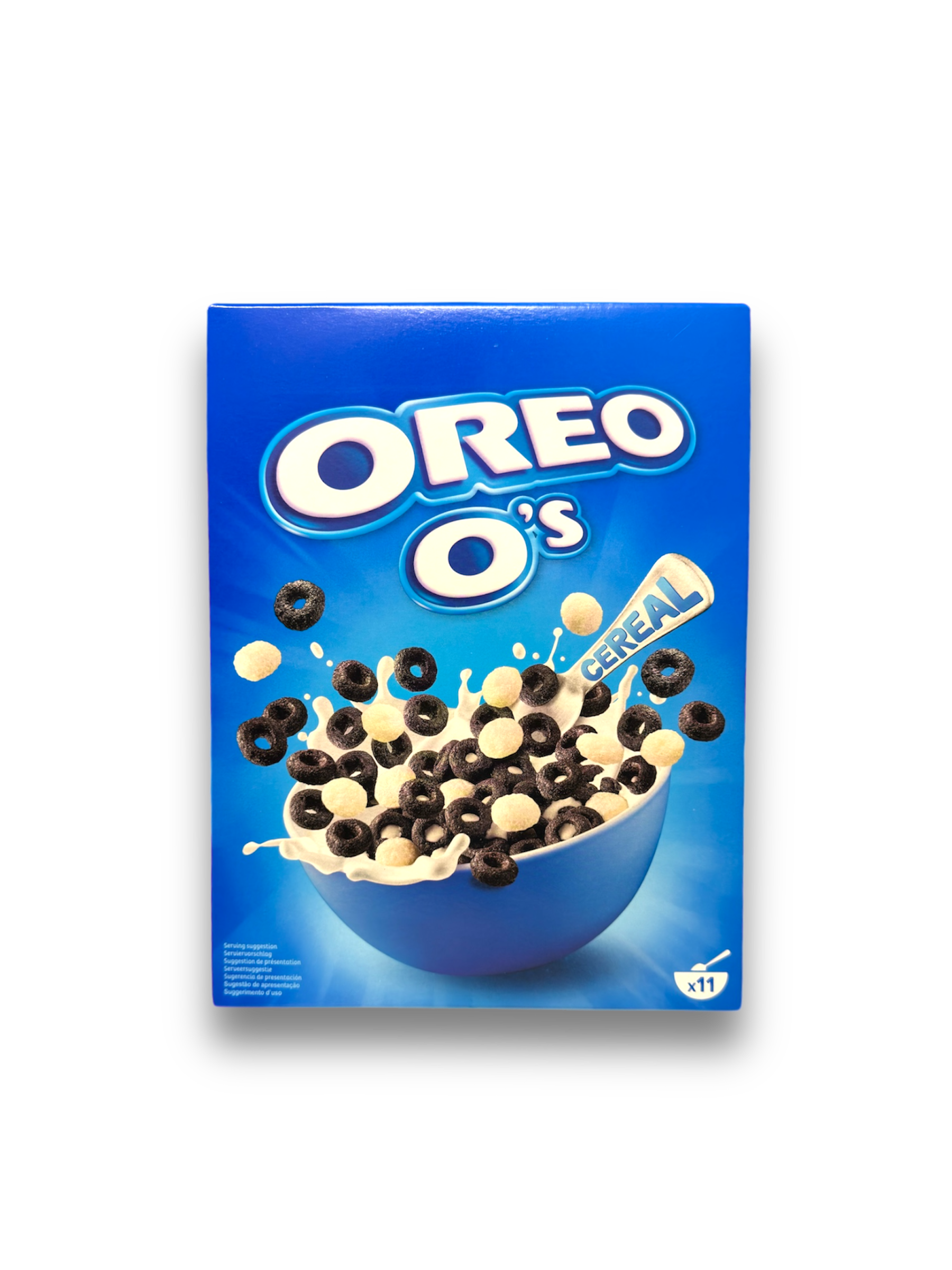 Verpackung von Oreo O’s Cereal, zeigt eine Schüssel mit Oreo-Ringen und Milchspritzern, 350g Packung