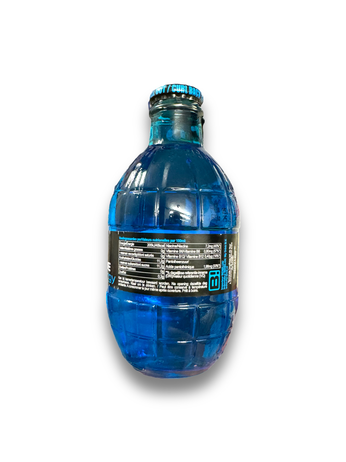 Bomba Blue Energy 250ml von hinten dargestellt, auf Weißem Hintergrund blaue Flasche