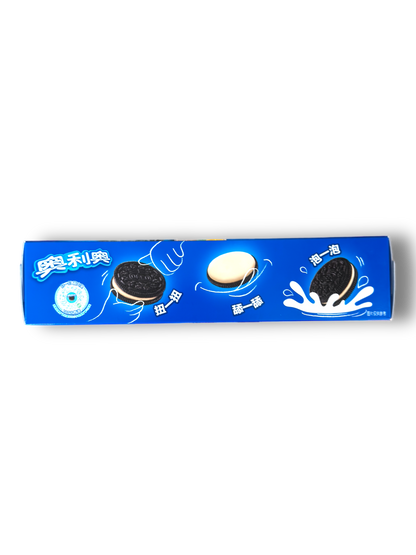 Oreo White Peach Oolong 97g Rückseite blaue Verpackung mit chinesischer Schrift und Keks Bild