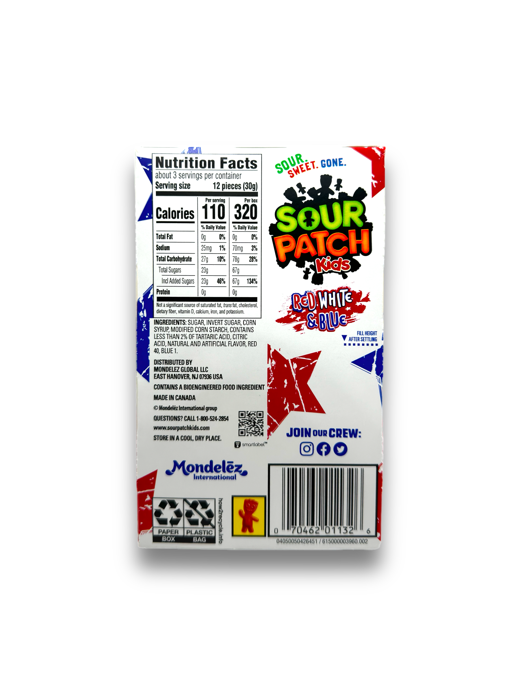 Nährwertangaben auf der Rückseite der Sour Patch Kids Verpackung mit Kalorien- und Zuckergehalt.