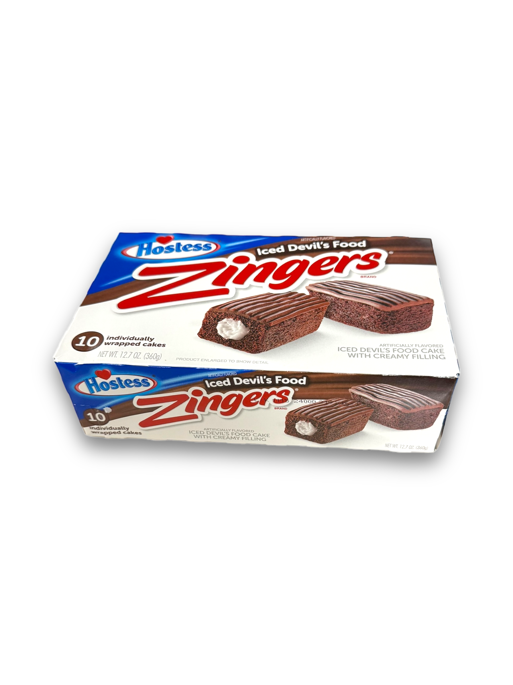 Hostess Devil's Food Chocolate Zingers 360g Vorderseite weiße Verpackung mit roter Schrift und Bild